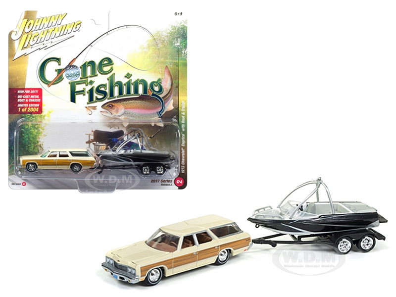 1973 Chevrolet Caprice Cream with Wood Grain with Boat and Trailer "Gone  Fishing" 1/64 Diecast