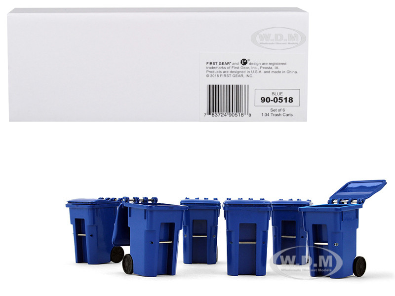 Set of 6 Blue Garbage Trash Bin Containers Replica 1/34 First Gear 90-0518