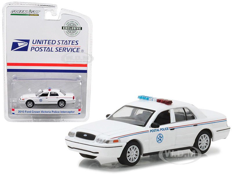 1/64 Greenlight 2010 Ford Crown Victoria USPS Police Car White Diecast 29891 