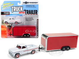 1965 Chevrolet Pickup Truck White Enclosed Red Car Trailer Limited Edition 6016 pieces Worldwide Truck and Trailer Series 2 Chevrolet Trucks 100th Anniversary 1/64 Diecast Model Car Johnny Lightning JLSP020
