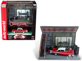 1958 Plymouth Fury Red Darnell's Garage Scenic Display Diorama Christine 1983 Movie 1/64 Diecast Model Autoworld AWSD001