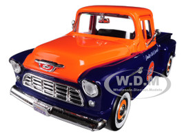1955 Chevrolet 5100 Stepside Pickup Truck Gulf Dark Blue Orange 1/24 Diecast Model Car Motormax 79651