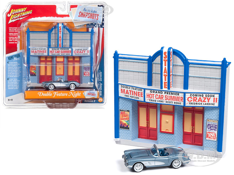 1958 Chevrolet Corvette Convertible Blue Resin Movie Theater Facade Double Feature Night 1/64 Diecast Model Johnny Lightning JLDR003