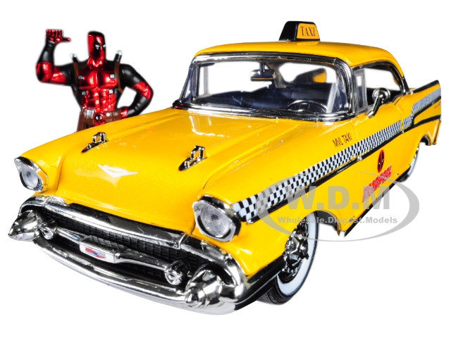 1957 Chevrolet Bel Air Taxi Yellow Deadpool Diecast Figure Marvel