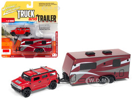 2004 Hummer H2 Red Dark Red Camper Trailer Limited Edition 4000 pieces Worldwide Truck and Trailer Series 3 1/64 Diecast Model Car Johnny Lightning JLSP037 B