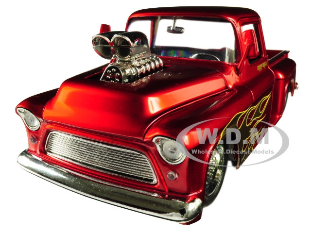 1955 Chevrolet Stepside Pickup Truck with Blower Candy Red with Flames Just Trucks Series 1//24 Diecast Model Car by Jada 30713