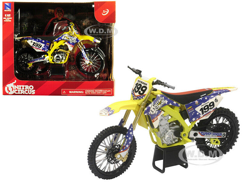 Suzuki RMZ450 Nitro Circus #199 Travis Pastrana Yellow Blue Motorcycle 1/12 Diecast Motorcycle Model New Ray 57993