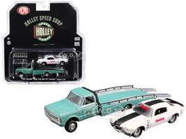 1967 Chevrolet Ramp Truck Turquoise 1971 Chevrolet Camaro Z/28 White Black Stripe Holley Speed Shop Acme Exclusive 1/64 Diecast Model Cars Greenlight Acme 51247