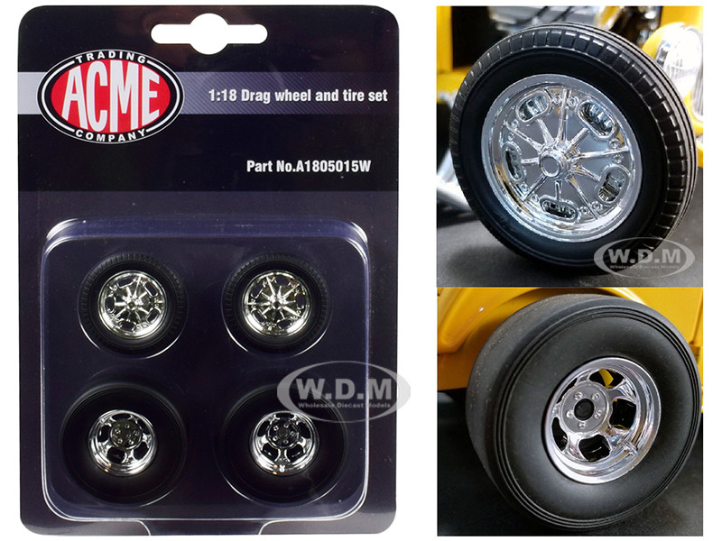 Chrome Drag Wheel and Tire Set 4 pieces 1932 Ford 3 Window 1/18 Acme A1805015W