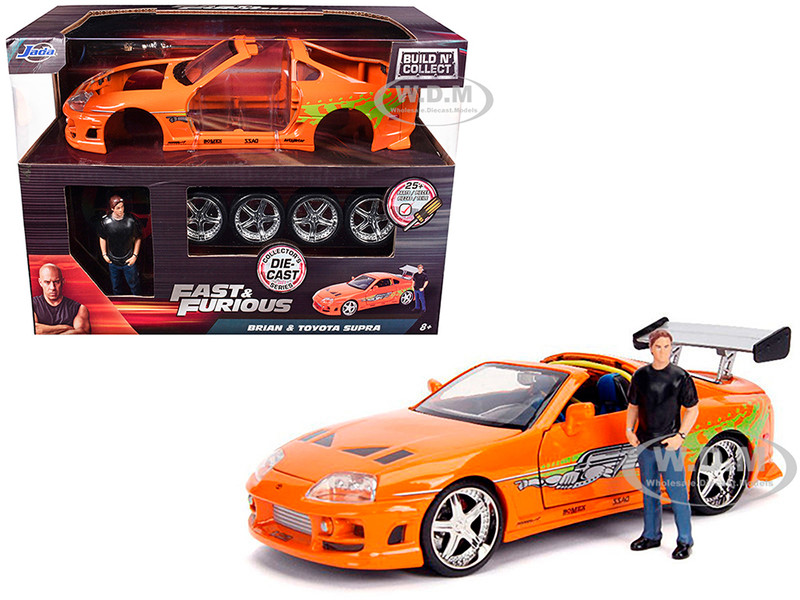 Model Kit Toyota Supra Metallic Orange Brian Diecast Figure Fast & Furious Movie Build N' Collect 1/24 Diecast Model Car Jada 30699