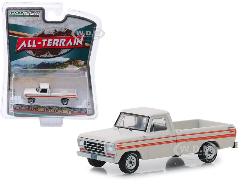 1979 Ford F 250 Explorer Pickup Truck Cream With Orange Stripes All Terrain Series 8 164 Diecast Model Car By Greenlight