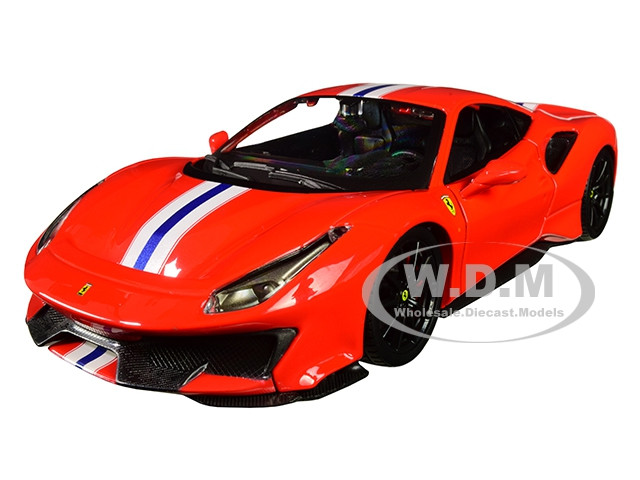 Ferrari 488 Pista Red With White And Blue Stripes 124 Diecast Model Car By Bburago