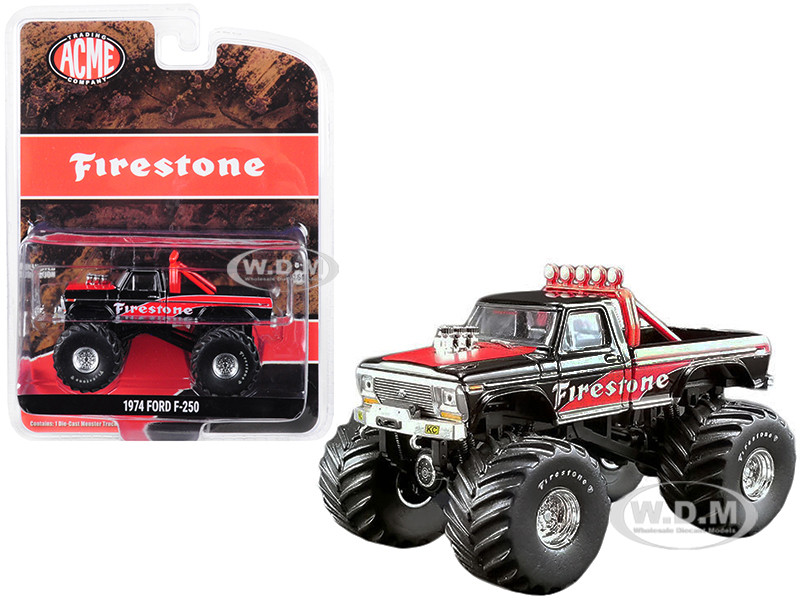 1974 Ford F-250 Monster Truck Firestone Black Red ACME Exclusive 1/64 Diecast Model Car Greenlight ACME 51272
