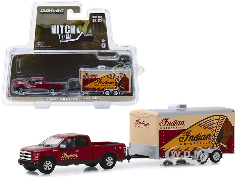 2017 Ford F 150 4x4 Pickup Truck Red Indian Motorcycle And Indian Motorcycle Enclosed Car Hauler Hitch Tow Series 18 164 Diecast Model Car By