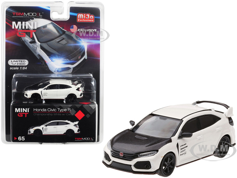 Honda Civic Type R FK8 Championship White Carbon Hood TE37 Wheels Limited Edition 2400 pieces Worldwide 1/64 Diecast Model Car True Scale Miniatures MGT00065
