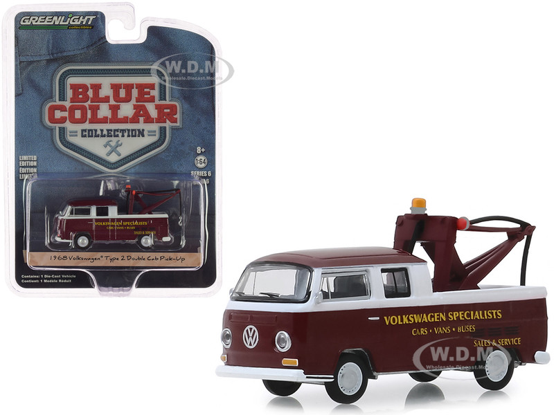 1968 Volkswagen Type 2 Double Cab Tow Truck Doka Drop in Tow Hook Metallic Burgundy Volkswagen Specialists Blue Collar Collection Series 6 1/64 Diecast Model Car Greenlight 35140 A