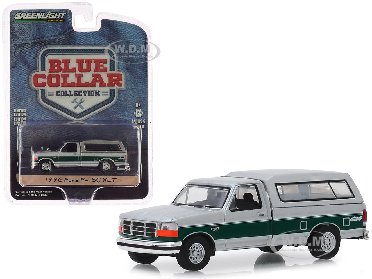 1996 Ford F 150 Xlt Pickup Truck With Camper Shell Silver With Green Stripe Blue Collar Collection Series 6 164 Diecast Model Car By Greenlight