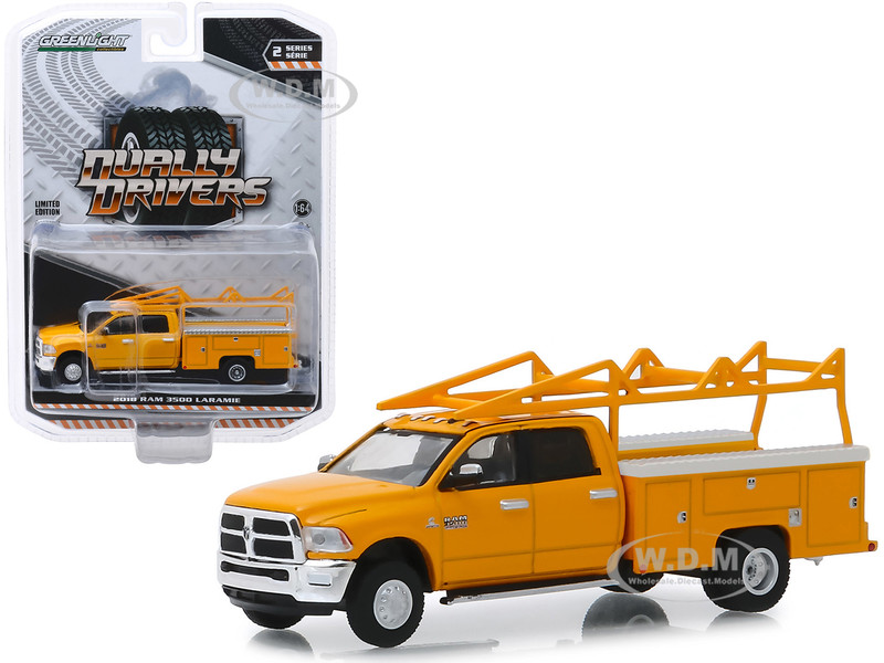 2018 RAM 3500 Laramie Service Bed Truck Ladder Rack Yellow Dually Drivers Series 2 1/64 Diecast Model Car Greenlight 46020 C
