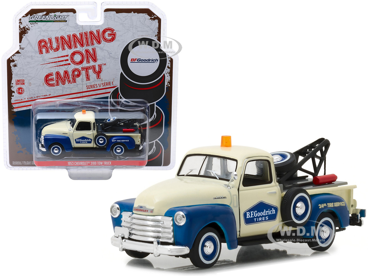 1953 Chevrolet 3100 Tow Truck Bfgoodrich Service Cream And Blue Running On Empty Release 1 1 43 Diecast Model Car By Greenlight