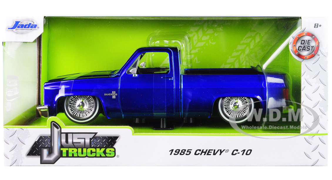 1985 Chevrolet Silverado C 10 Pickup Truck Custom Low Rider Wire Wheels Candy Blue Just Trucks 1 24 Diecast Model Car By Jada