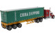 International LoneStar Sleeper Cab Red with Skeleton Trailer and 40' Dry Goods Sea Container China Shipping Green Transport Series 1/50 Diecast Model Diecast Masters 71045