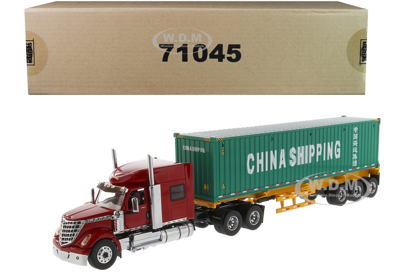 International LoneStar Sleeper Cab Red with Skeleton Trailer and 40' Dry Goods Sea Container China Shipping Green Transport Series 1/50 Diecast Model Diecast Masters 71045