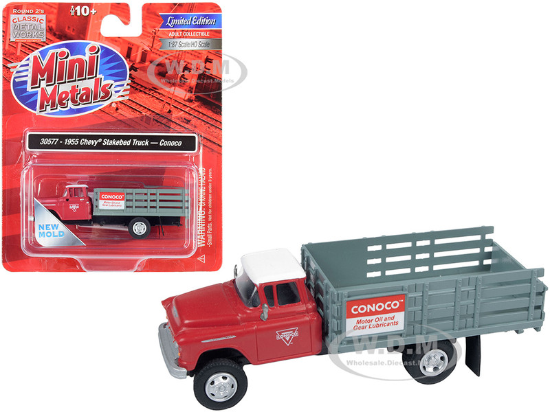 1955 Chevrolet Stakebed Truck Conoco Red Gray 1/87 HO Scale Model Classic Metal Works 30577