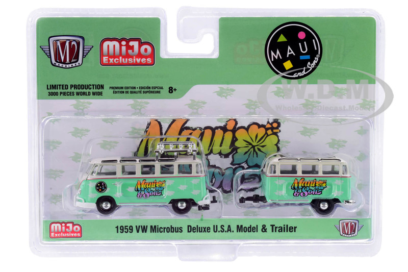 1959 Volkswagen Microbus Deluxe USA Roof Rack Travel Trailer Light Green Cream Maui and Sons Limited Edition 3000 pieces Worldwide 1/64 Diecast Model Car M2 Machines 38100-MJS02