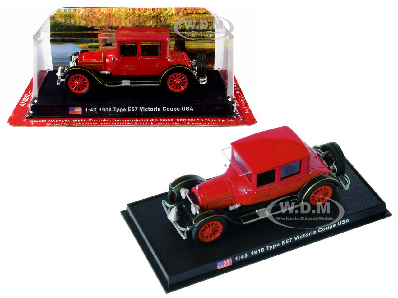 1918 Cadillac Type E57 Victoria Coupe Fire Chief 1 43 Diecast Model Car Amercom Acsf50