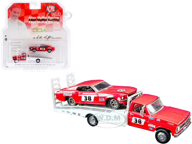 Ford F-350 Ramp Truck #38 Red White 1969 Ford Mustang Trans Am #38 Red Coca-Cola Allan Moffat Racing DDA Collectibles Series ACME Exclusive 1/64 Diecast Model Cars Greenlight ACME 51269