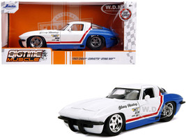 1963 Chevrolet Corvette Stingray White Blue Red Stripe Chevy Racing Bigtime Muscle 1/24 Diecast Model Car Jada 31666