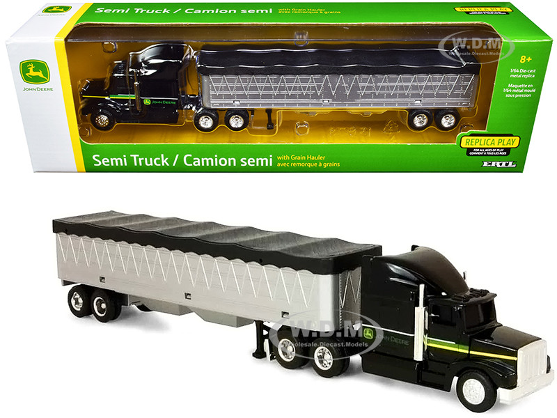 John Deere Semi Truck Tractor Grain Trailer Black Silver 1/64 Diecast Model Ertl Tomy 15978