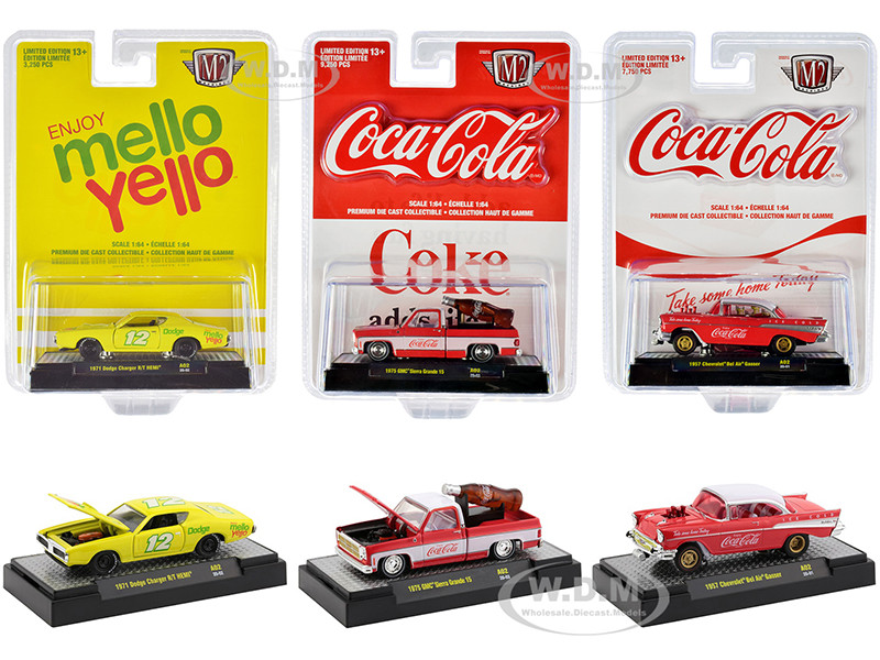 Coca-Cola Mello Yello Set of 3 pieces 1/64 Diecast Model Cars M2 Machines 52500-A02