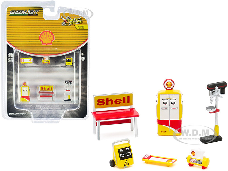 Shell Oil 6 piece Shop Tools Set Shop Tool Accessories Series 3 1/64 Greenlight 16060 C