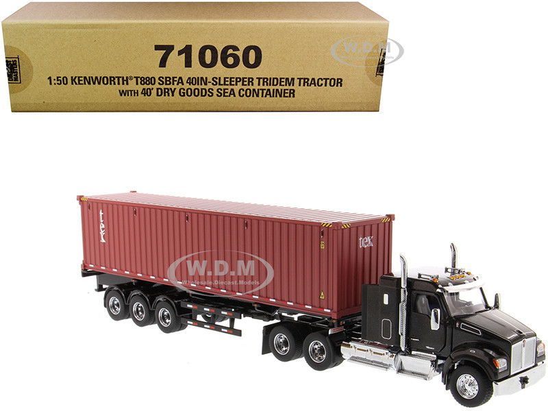 Kenworth T880 SBFA 40" Sleeper Cab Tridem Truck Tractor Black Metallic Flatbed Trailer 40' Dry Goods Sea Container TEX Transport Series 1/50 Diecast Model Diecast Masters 71060