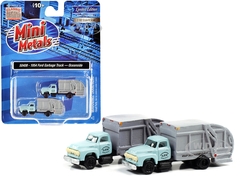 1957 Chevrolet Garbage Truck Oceanside Department of Public Works Light Blue Gray Set of 2 pieces 1/160 N Scale Models Classic Metal Works 50408