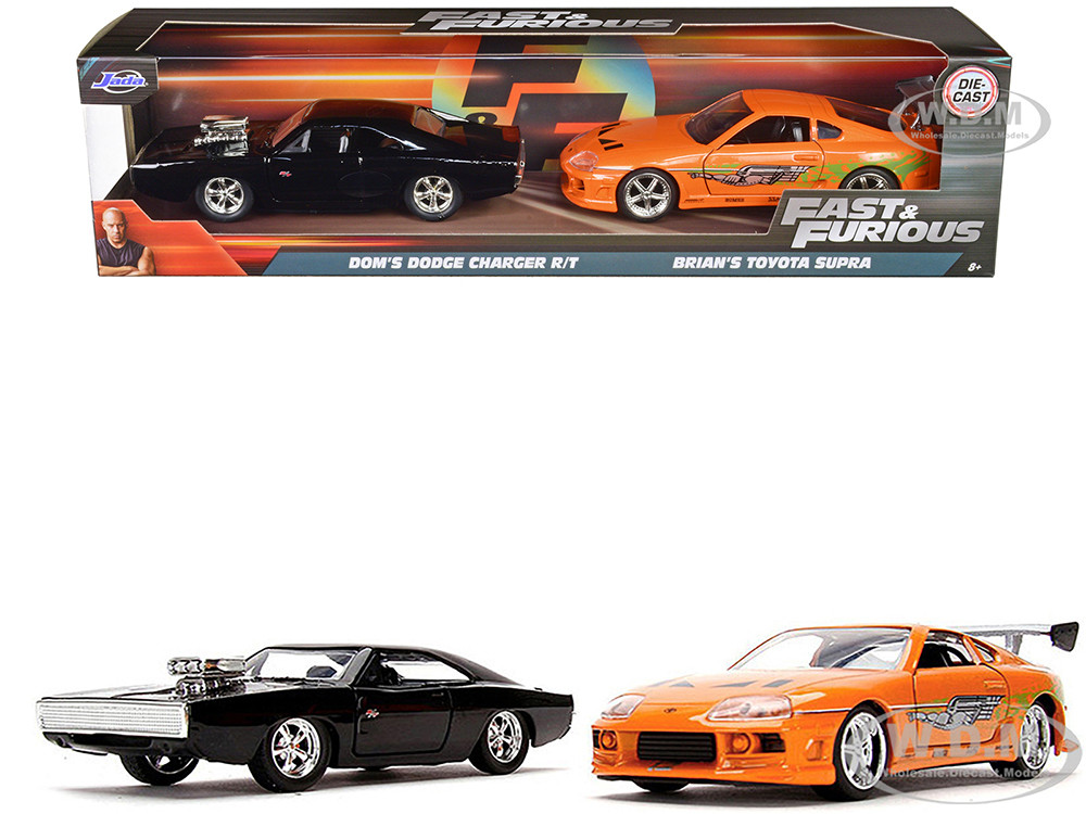 Dom's Dodge Charger R/T Black and Brian's Toyota Supra Orange Set of 2  pieces 