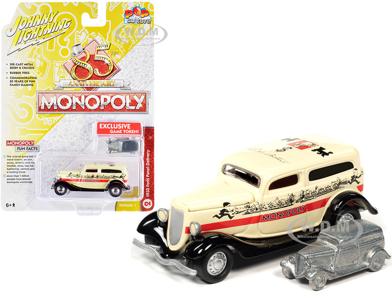1933 Ford Panel Delivery Truck Yellow Red Stripe Game Token Monopoly 85th Anniversary Pop Culture Series 1/64 Diecast Model Car Johnny Lightning JLPC001 JLSP093