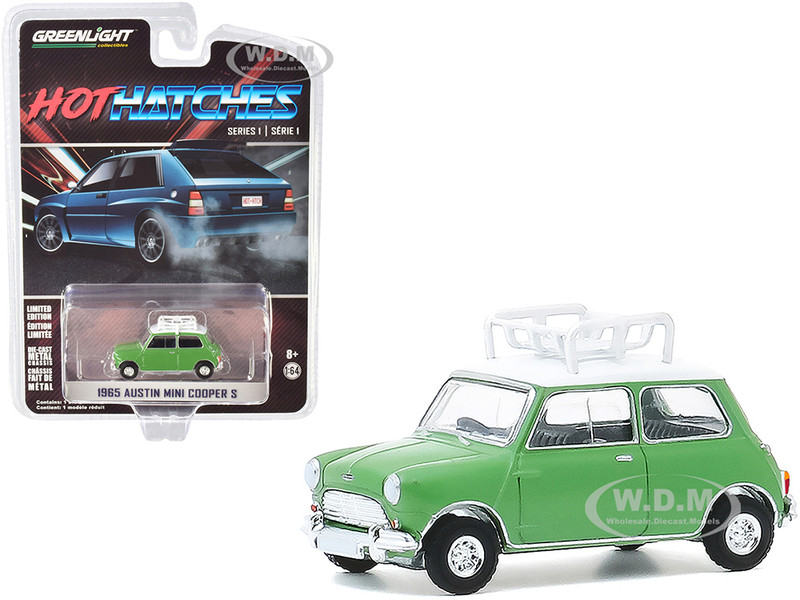 1965 Austin Mini Cooper S Roof Rack Green White Top Hot Hatches Series 1 1/64 Diecast Model Car Greenlight 47080 A
