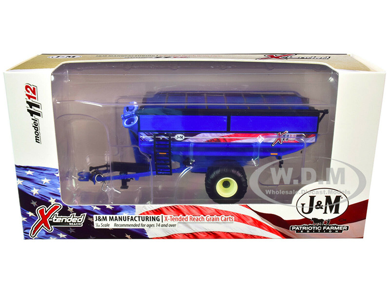 J&M 1112 X-Tended Reach Grain Cart Single Wheels Blue American Flag Decal Patriotic Farmer Edition 1/64 Diecast Model SpecCast JMM003