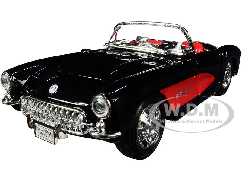 1957 Chevrolet Corvette Convertible Black Red Red Interior NEX Models 1/24 Diecast Model Car Welly 29393