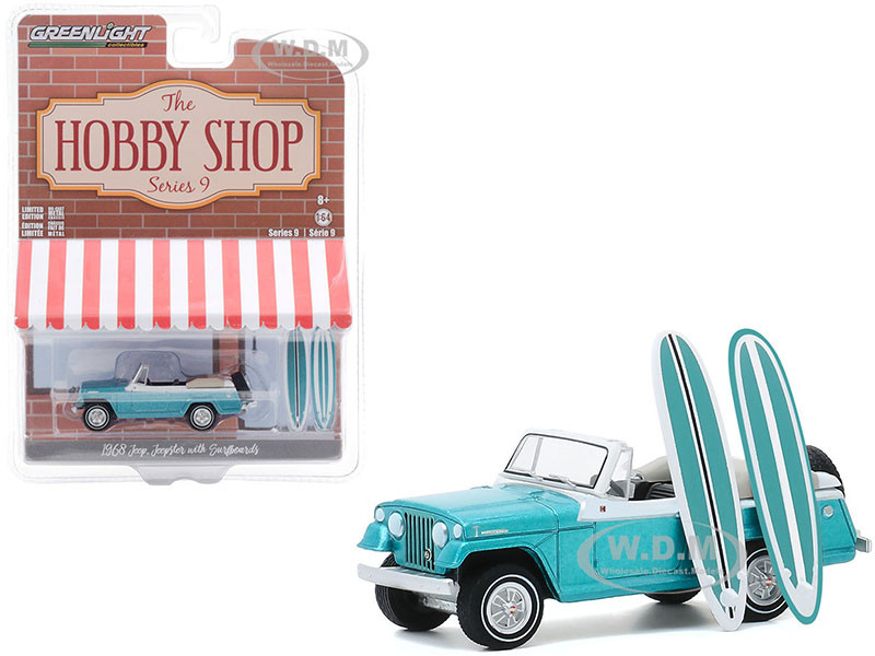 Greenlight 1:64 Hobby Shop 1968 Kaiser Jeep Jeepster with Surfboards Blue 