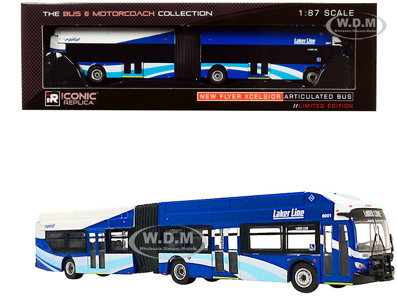 New Flyer Xcelsior XN60 Articulated Bus The Rapid Laker Line Grand Rapids Michigan Blue White The Bus Motorcoach Collection 1/87 HO Diecast Model Iconic Replicas 87-0197