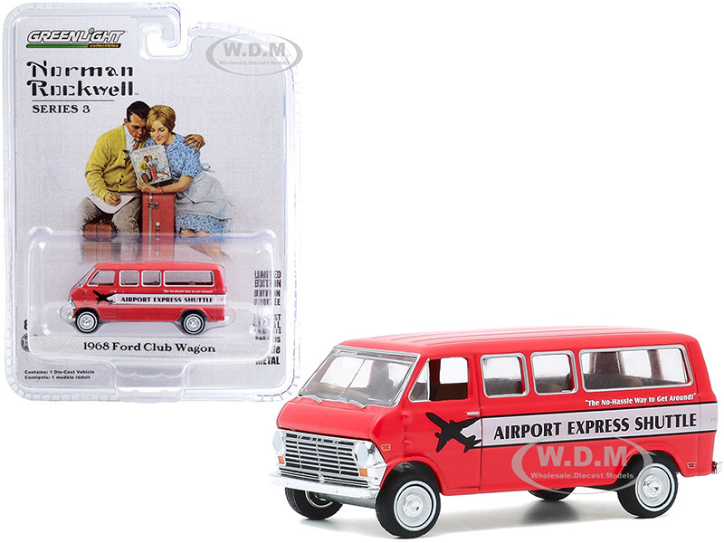 1968 Ford Club Wagon Airport Express Shuttle Red White Stripe Norman Rockwell Series 3 1/64 Diecast Model Car Greenlight 54040 D