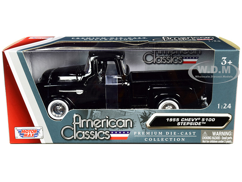 1955 Chevrolet 5100 Stepside Pickup Truck Black Whitewall Tires American Classics 1/24 Diecast Model Car Motormax 73236