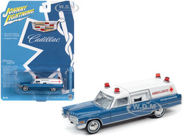 1966 Cadillac Ambulance Blue Metallic White Special Edition 1/64 Diecast Model Car Johnny Lightning JLSP099