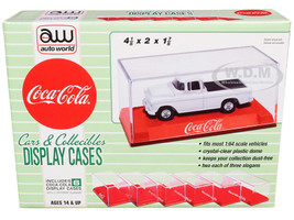 6 Collectible Acrylic Display Show Cases Red Plastic Bases 3 Different Slogans Coca Cola for 1/64 Scale Model Cars Autoworld AWDC022