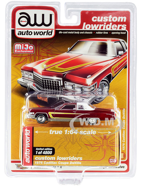 1976 Cadillac Coupe DeVille Burgundy White Chrome Wheels Custom Lowriders Limited Edition 4800 pieces Worldwide 1/64 Diecast Model Car Autoworld CP7661
