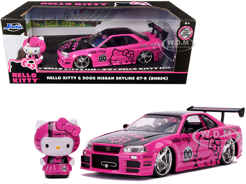2002 Nissan Skyline GT-R BNR34 RHD Right Hand Drive Pink Metallic Black Hello Kitty Diecast Figurine 1/24 Diecast Model Car Jada 31613