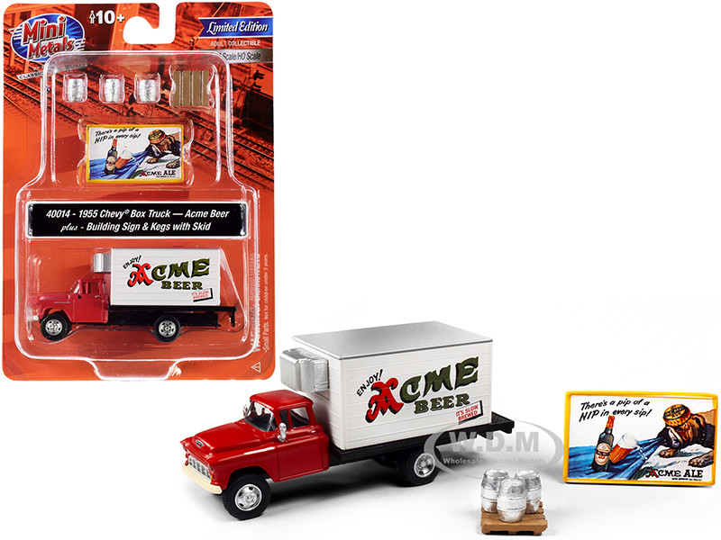 1955 Chevrolet Box Truck Red White Building Sign 3 Beer Kegs Skid Acme Beer 1/87 HO Scale Models Classic Metal Works 40014